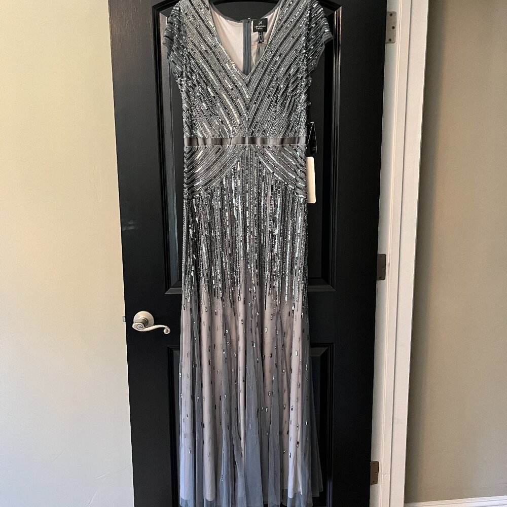 Adrianna Papell Women's Long Beaded V-Neck Dress with Cap Sleeves and Waistband